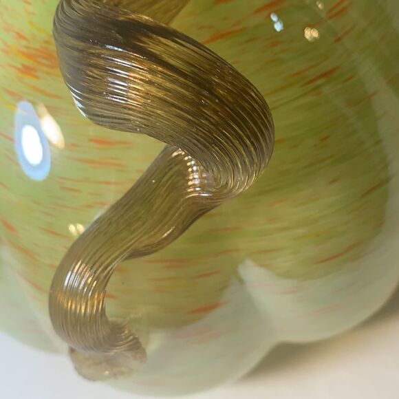 Vintage Art Glass Pumpkin Hand Blown Orange Green Applied Stem Collector Holiday - Picture 6 of 9